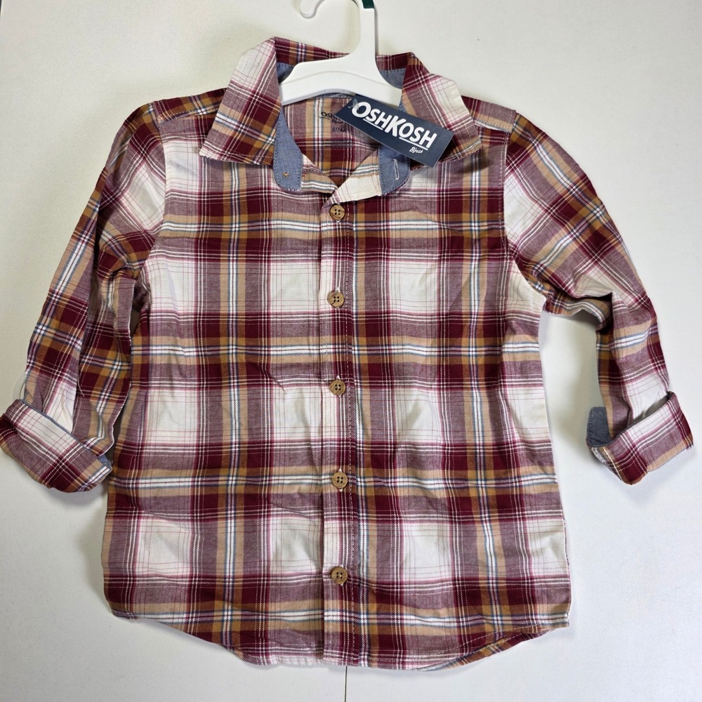 OshKosh Bgosh Toddler Boys Plaid Button Down Shirt Burgundy Tan 4T